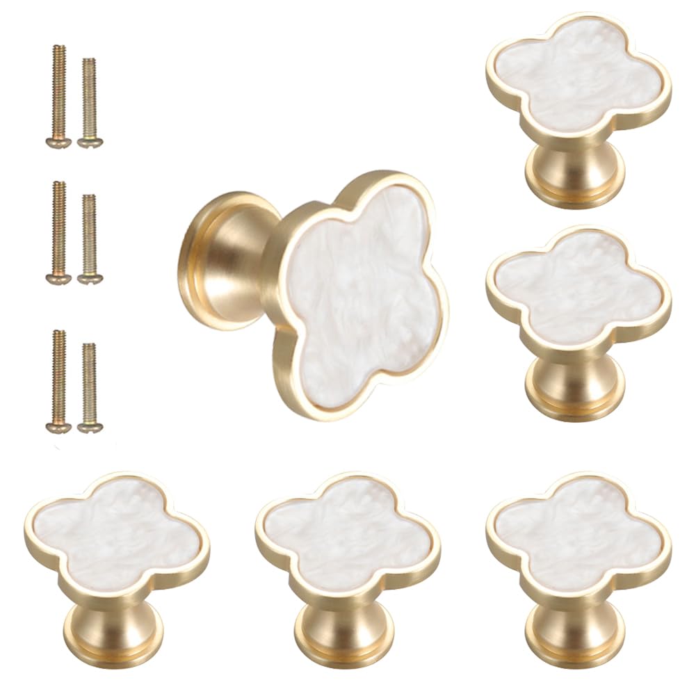 SSYHQAX 6 pcs Brass Four-Leaf Clover Knobs Handle,Gold Cabinet Knobs Cabinet Drawer Dresser Furniture Kitchen Wardrobe Bathroom Decorative Door Pulls Zinc Alloy Single Hole Handle(White)