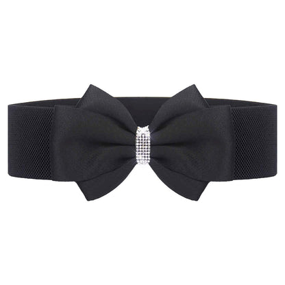 Choleeki Women's Elastic Bow Belt Wide Rhinestone Stretch Belts Ladies Waist Accessories for Dress Jeans (black, S)