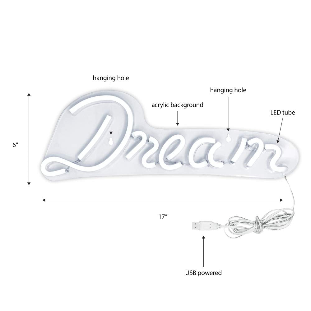 Isaac Jacobs 17" by 6" inch LED Neon Blue “Dream” Wall Sign For Cool Light, Wall Art, Bedroom Decorations, Home Accessories, Party, and Holiday Decor: Powered by USB Wire (DREAM)