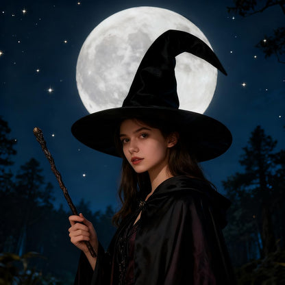 QINYIER Halloween Black Witch Hat for Adult Women, Velvet Hat with Extra Tall Size and Extended Brim, Adjustable and Secure Shape, Cosplay Costume Accessories for Party