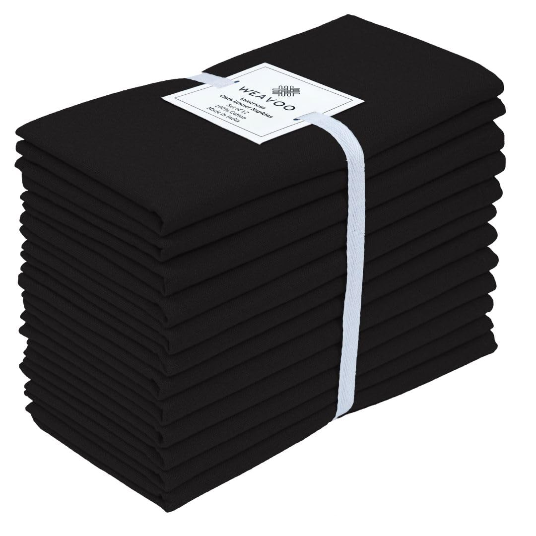 WEAVOO 100% Cotton Dinner Napkins Set of 12 - Soft Absorbent Durable Washable Table Napkins - for Dining Weddings Parties Restaurants Holidays Easter Everyday Use - 18x18 inch Cloth Napkins Black