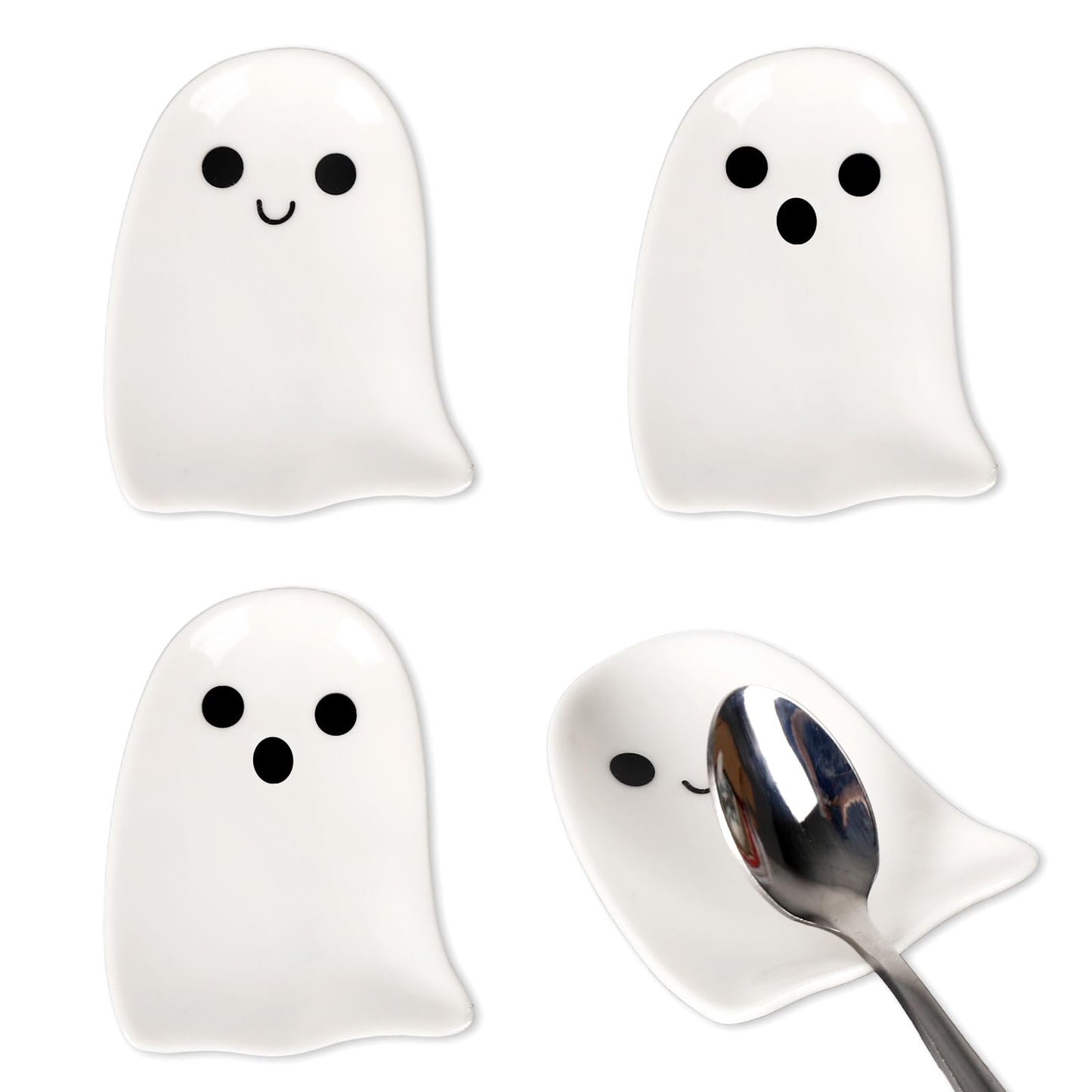 Whaline 4Pcs 2.8inch Mini Ceramic Spoon Rests White Ghost Small Coffee Spoon Holder for Halloween Coffee Stirrers Teaspoon Bar Spoon Coffee Station Bar Accessories