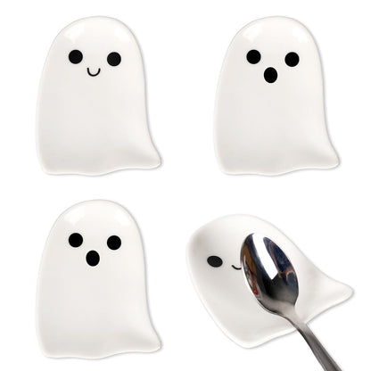 Whaline 4Pcs 2.8inch Mini Ceramic Spoon Rests White Ghost Small Coffee Spoon Holder for Halloween Coffee Stirrers Teaspoon Bar Spoon Coffee Station Bar Accessories