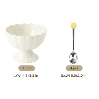 4 Pcs Ceramic Dessert Bowls Set, Elegant Scalloped Rim Pedestal Cups with 4 Spoons, 6.76 fl oz Small Dessert Bowls, Smooth Finish, Easy Clean, 4.5 x 3.5 in for Ice Cream, Snacks, Puddings, White