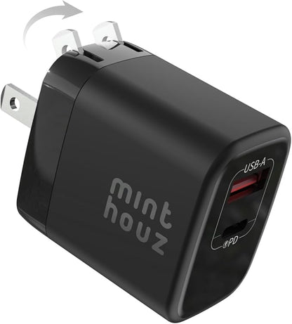 Minthouz 35W USB C Fast Charging Charger, Dual-Port GaN Nano Charger with Foldable Plug for iPhone 17/16/15 Series, iPad, Galaxy S24 Ultra and More Series