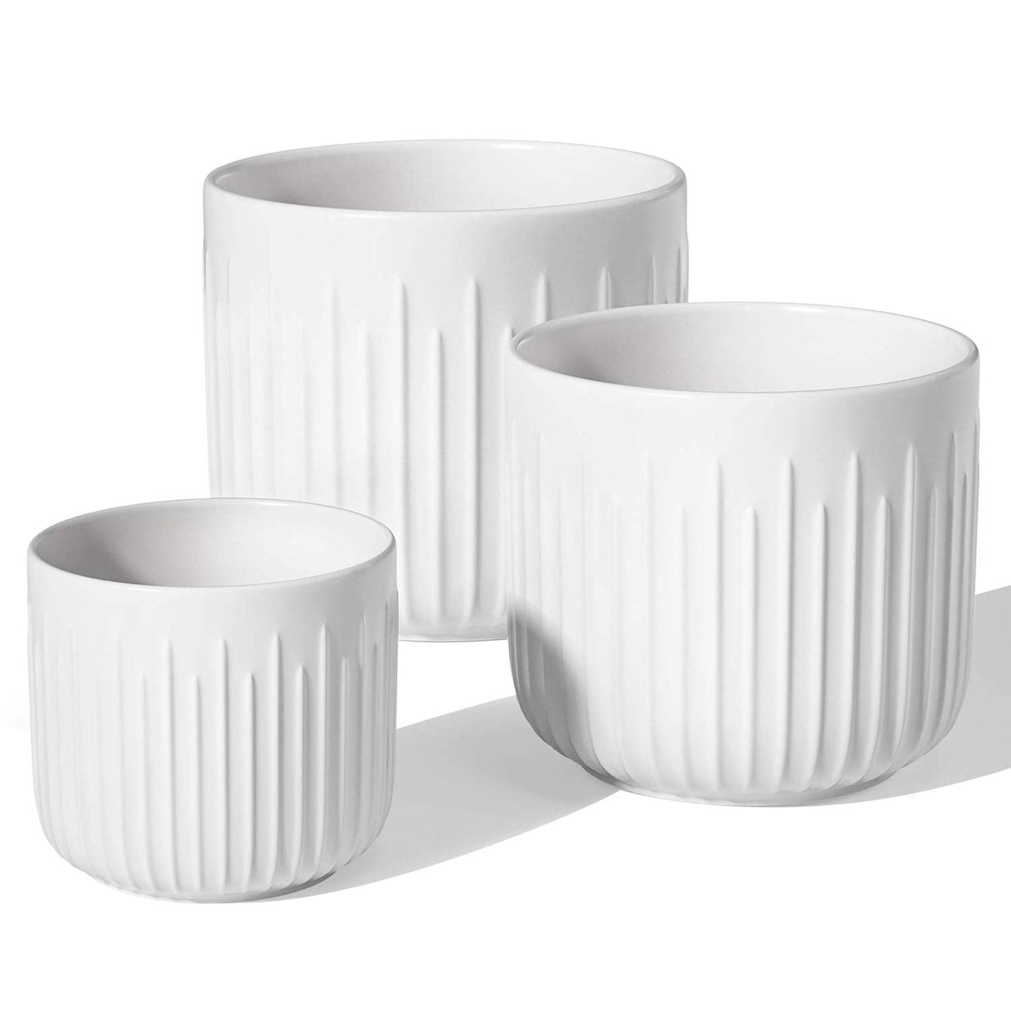 LE TAUCI Ceramic Planters, 8.3/7/6 Inch Indoor Pots for Plants with Drainage Holes & Mesh, Modern Matte Glaze Cylinder Fluted Plant Pot for Snake Plant, Set of 3, White