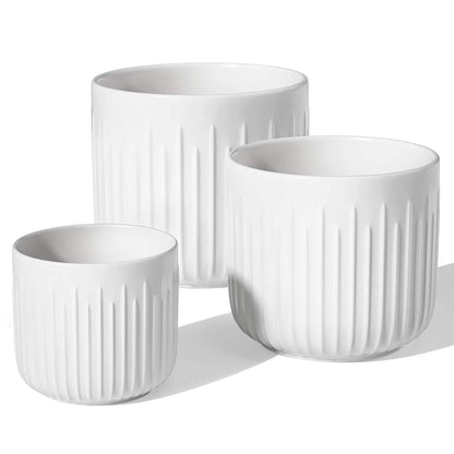 LE TAUCI Ceramic Planters, 8.3/7/6 Inch Indoor Pots for Plants with Drainage Holes & Mesh, Modern Matte Glaze Cylinder Fluted Plant Pot for Snake Plant, Set of 3, White
