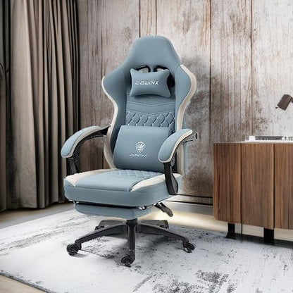Dowinx Gaming Chair Breathable Fabric Game Chair with Gel Pad and Storage Bag, Comfortable Gamer Chair with Pocket Spring Cushion, Ergonomic Computer Chair with Footrest, Blue