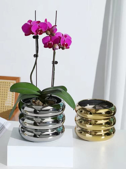 SANDYBAYTAS Ceramic Plant Pot Indoor, 4.5 Inch Flower Pot with Drainage Hole, Small Bubble Design Ceramic Planter for Home & Office Decor (Silver)