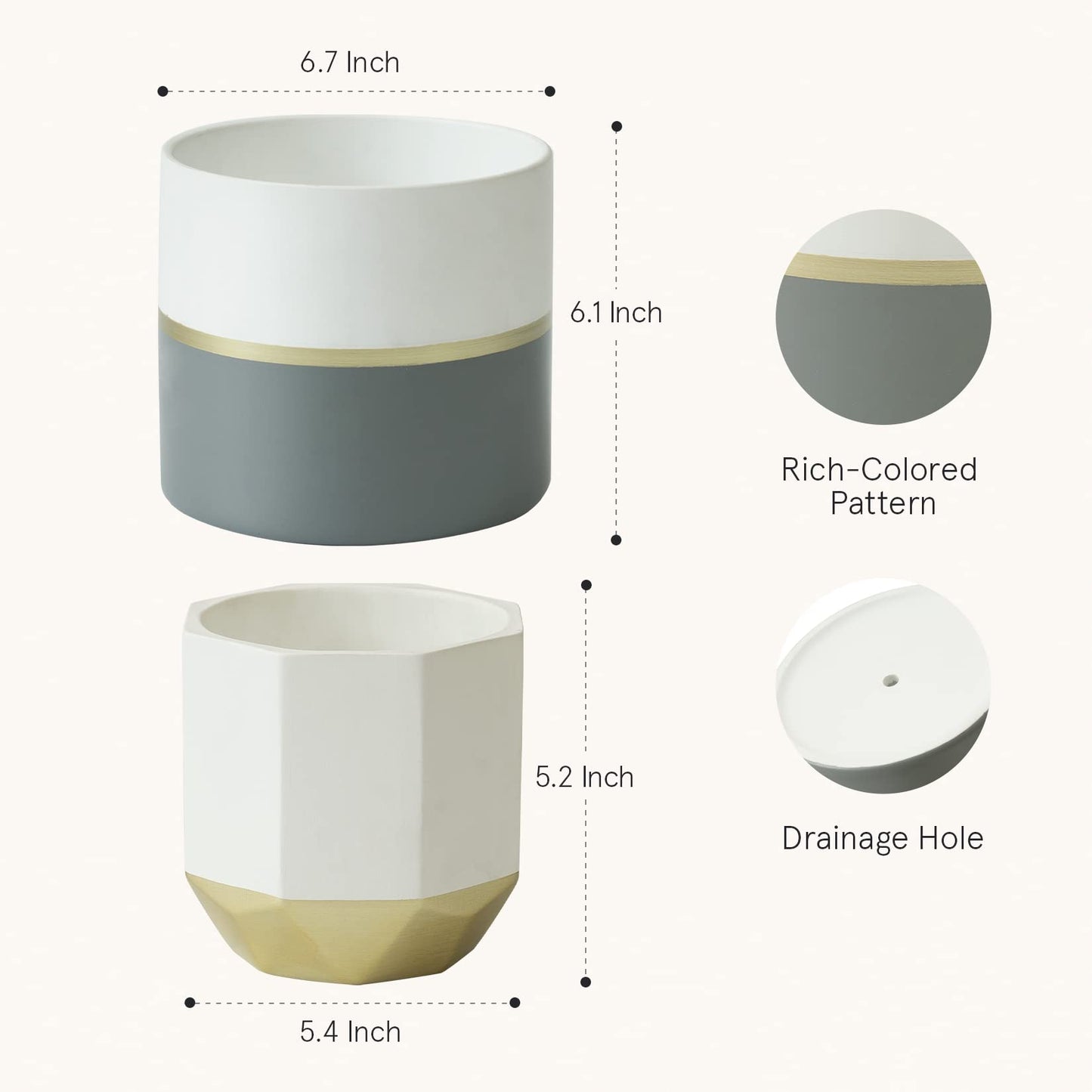 LA Jolie Muse White Ceramic Flower Pot Garden Planters 6.7 Inch Pack 2 Indoor Plant Containers with Gold and Grey Detailing