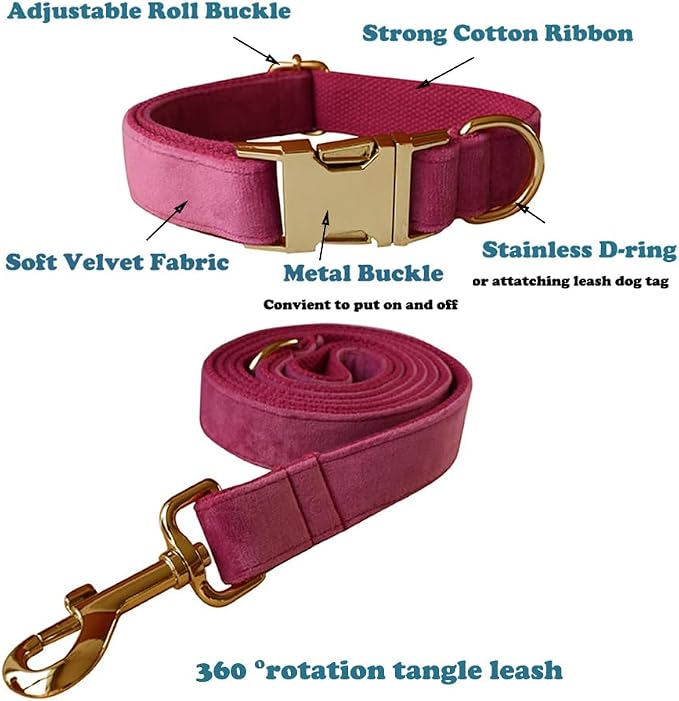 Love Dream Velvet Dog Collar and Leash Set, Soft & Comfy Adjustable Dog Leash and Collar with Heavy Duty Metal Buckle for Small Medium Large Dogs Training & Walking (Small, Rose)