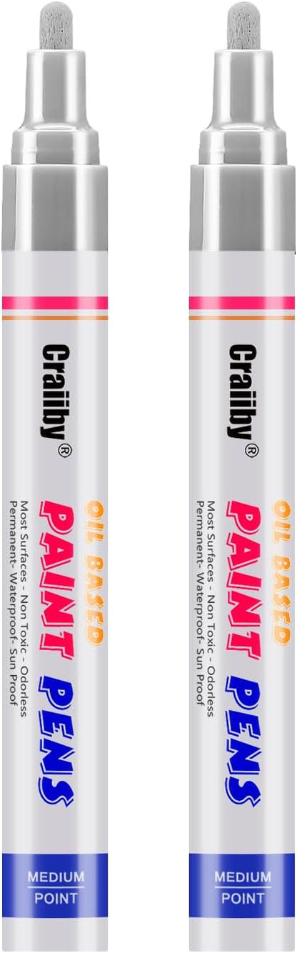 Silver Paint Markers, 2 Pack Oil-Based Waterproof Quick Dry Permanent Paint Pen Set for Rocks Painting, Wood, Fabric, Plastic, Canvas, Glass, Mugs, Metal, Tire, Stone, DIY Craft