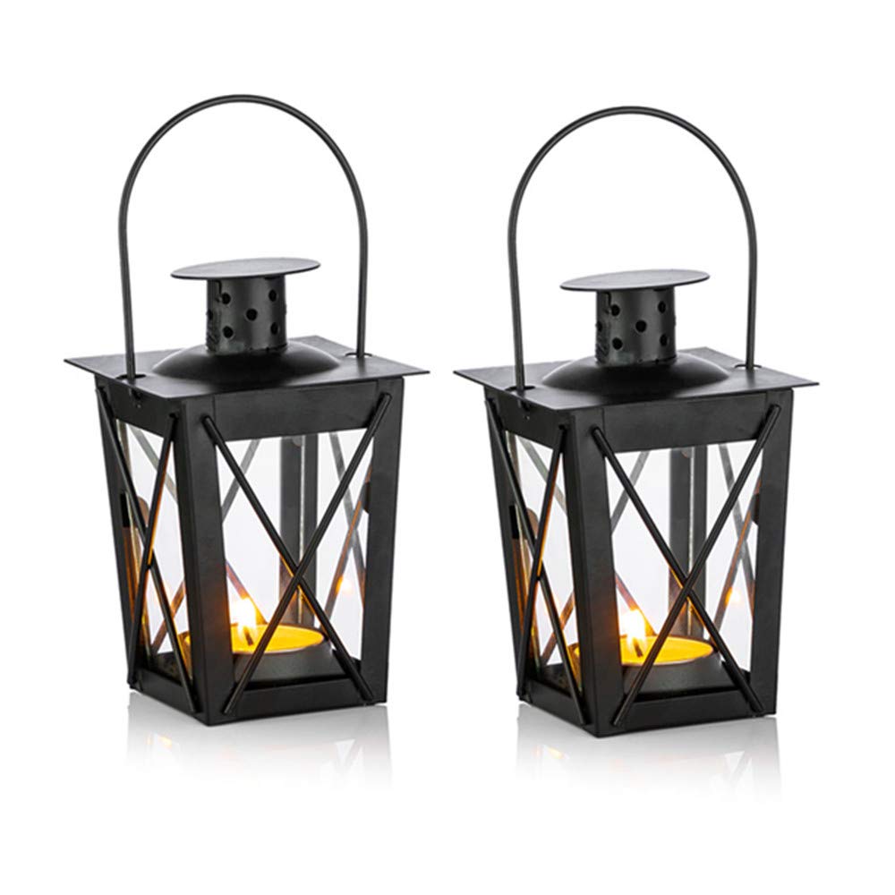 2 Pcs Tealight Lanterns Hanging Candle Holder, Metal Mini Decorative Led Tea Light Candleholder Decoration for Birthday Parties Wedding Centerpiece Relaxing Spa Setting (Black, 2 Pcs)