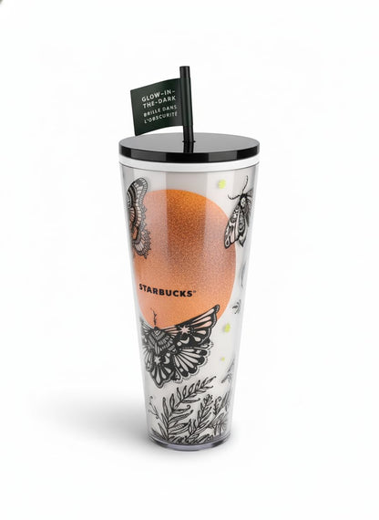 Starbucks Halloween 2025 Moth Moon Glow In The Dark Night Tumbler 24oz – Limited Edition Cold Cup with Straw for Iced Beverages