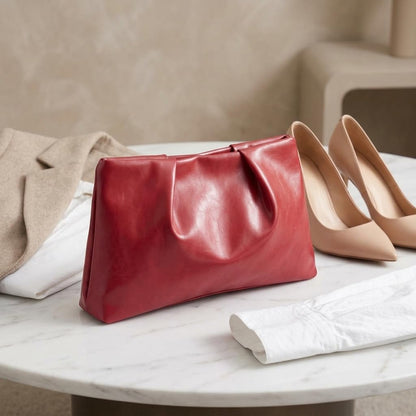 ARTLUXE Slouchy PU Leather Clutch Purse for Women Ruched Wine Red Evening Handbag with Zipper Closure for Wedding Cocktail Party and Business