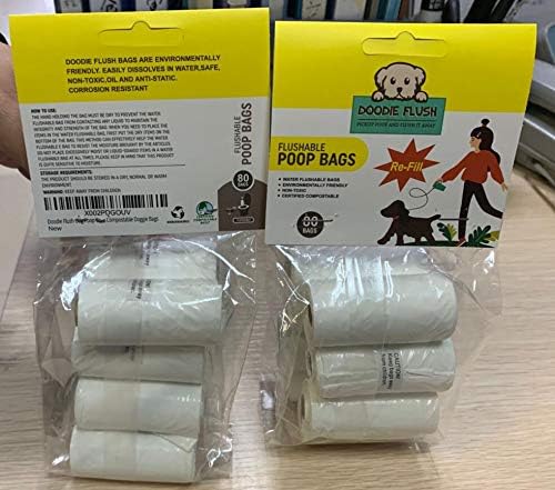 Doodie Flush Dog Poop Bag - Refill – 80 Biodegradable Dog Waste Bags on Rolls - Dissolves in Water Refill Pack – 100% Eco Friendly, Flushable, Ultra Thick, Compostable Doggie Bags