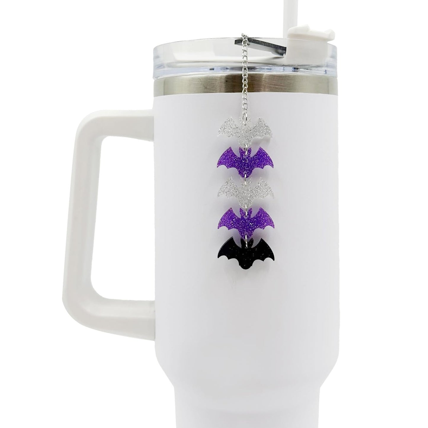 Purple Tumbler Ornament – Glitter Bat Cup Chain for Stanley 30oz 40oz, Gothic Straw Decoration, Cute Water Bottle Accessories for Iced Coffee Cups