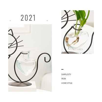 Likense Glass Planter Vase Holder, Lovely Cat Shape Hydroponics Vase with Metal Holder for Hydroponics Plants Black B