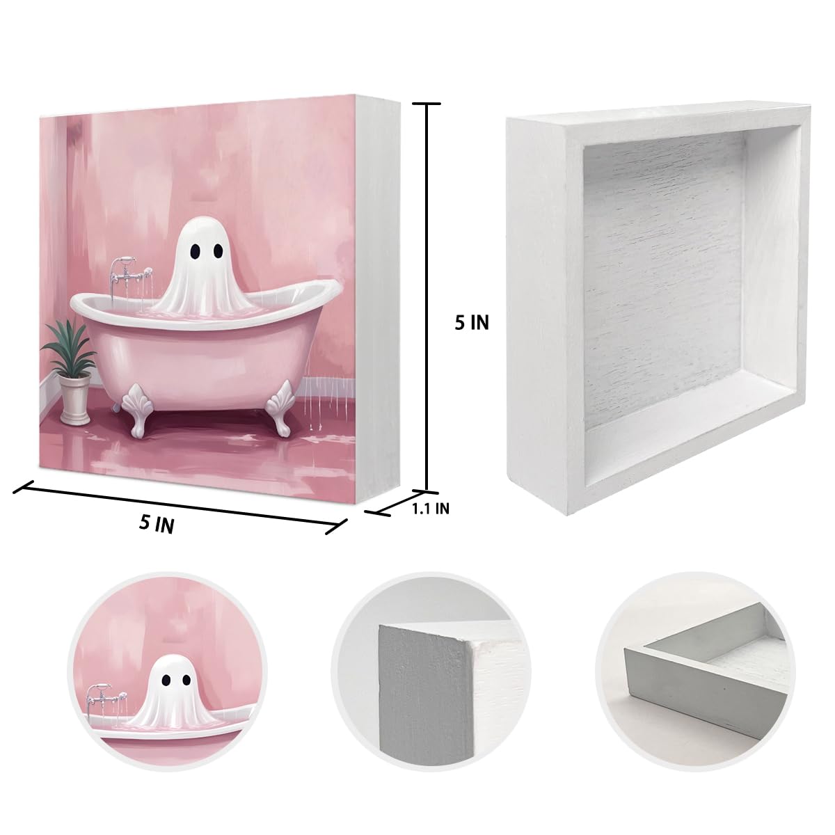 Mtrgdn Cute Halloween Decor,Halloween Decorations Indoor,Pink Ghost Bathroom Decor Wooden Box Sign,Halloween Home Office Kitchen Bathroom Bedroom Desk Table Shelf Wall Decorations,5x5 Inch