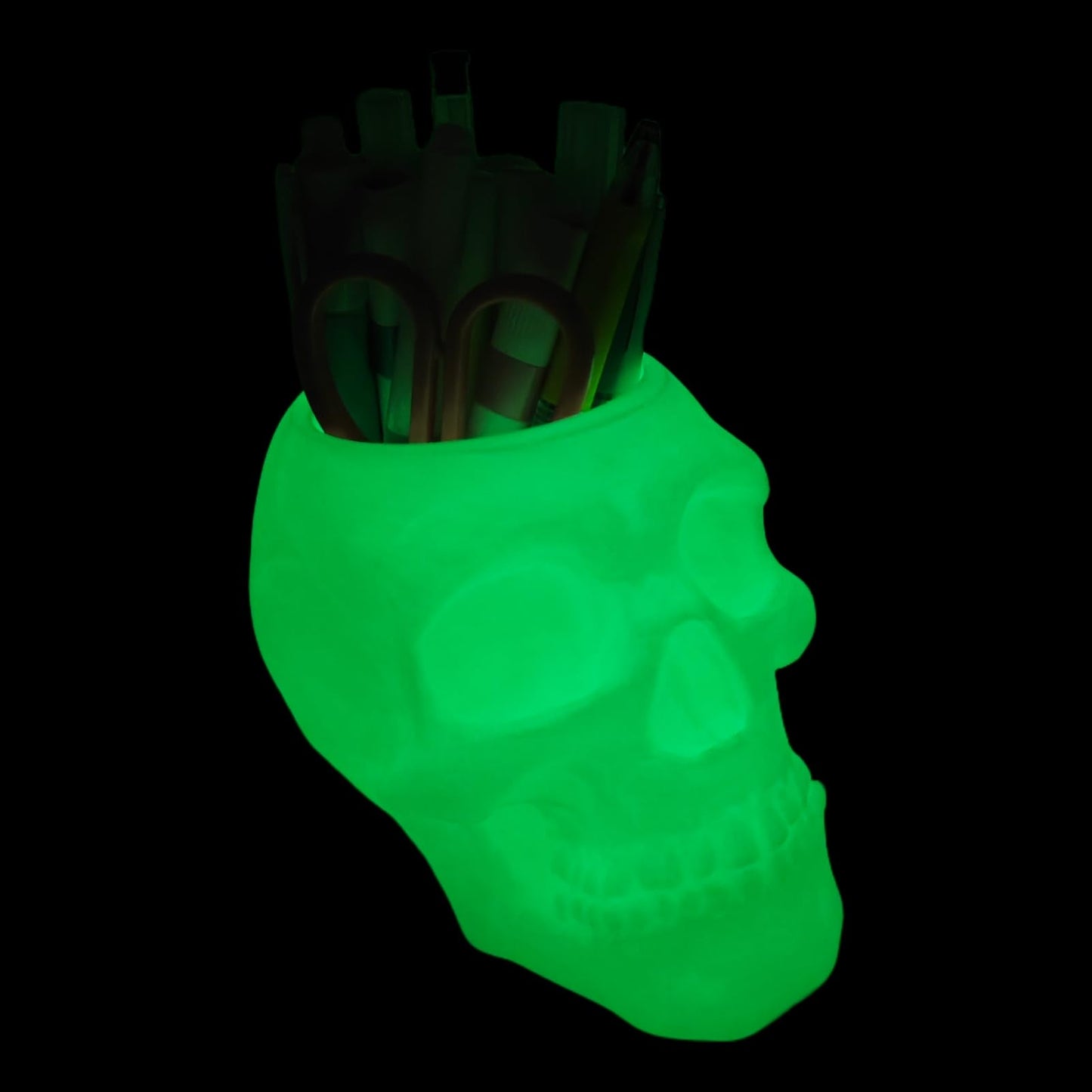 3D Printed Skull Pen Pencil Holder, Makeup Brush Holder, Vanty Desk Office Organzer Goth Decorations Gothic Skulls & Bones Large Capacity Organizer (Luminous)