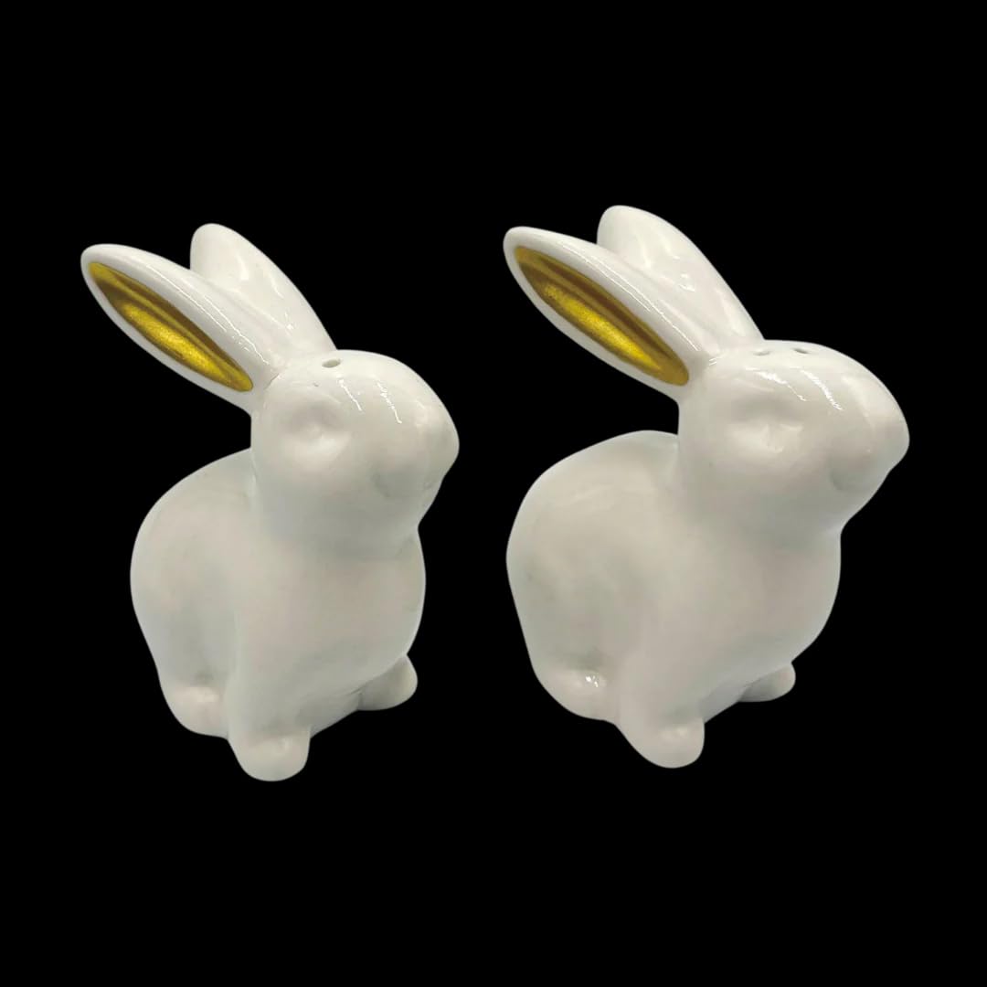 White Ceramic Easter Bunny Salt and Pepper Shaker Set with Gold Metallic Ears, 3" High, 2 Piece with Gift Box