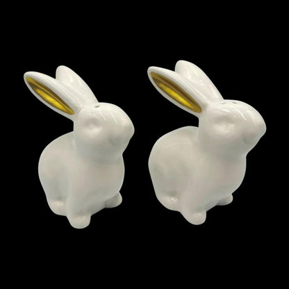 White Ceramic Easter Bunny Salt and Pepper Shaker Set with Gold Metallic Ears, 3" High, 2 Piece with Gift Box