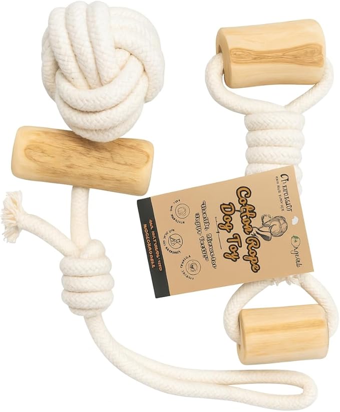 Cotton Rope Dog Toy with Coffee Wood Handles – Natural Chew & Tug Toy for Dogs – Durable, Eco-Friendly & Safe for All Breeds