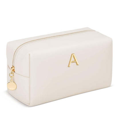 KKXIU Initial Makeup Bag for Women - Personalized Birthday Gifts Cosmetic Travel Toiletry Bag with Waterproof Soft PU Leather Customized Gifts for Friend Teacher Bridemaid (A, Beige)