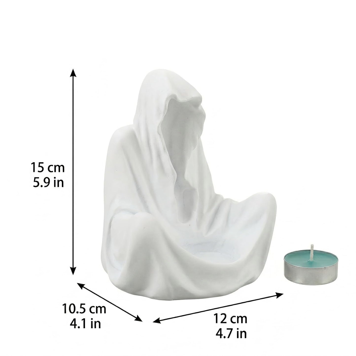 6" Gothic Ghost Candle Holder - Faceless Wizard Tea Light Burner, Dark Academia Bookshelf Decor for Halloween - Resin (White)