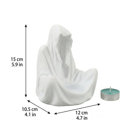 6" Gothic Ghost Candle Holder - Faceless Wizard Tea Light Burner, Dark Academia Bookshelf Decor for Halloween - Resin (White)