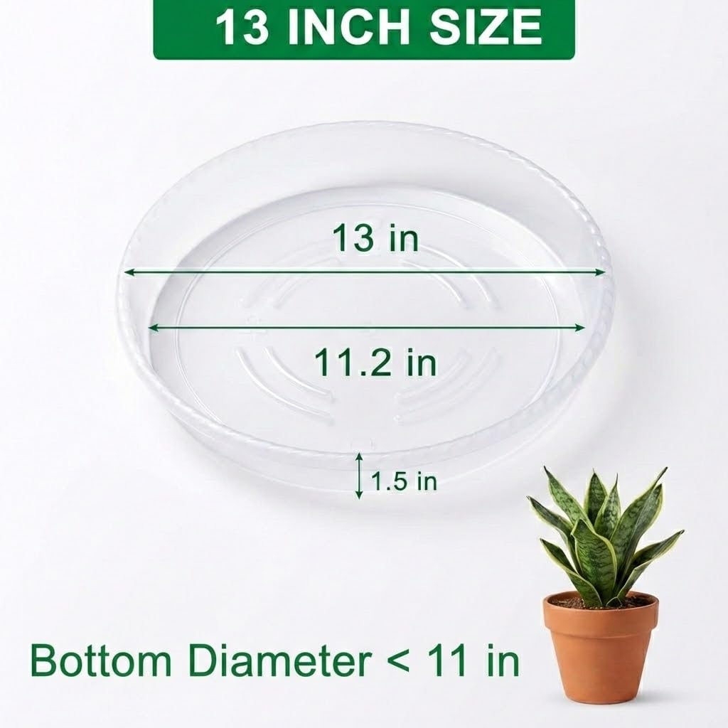 RooTrimmer 5 Pack 13 Inch Clear Plant Saucers for Pots,Thick Heavy Duty Plastic Plant Trays,Transparent Drip Trays for Indoor & Outdoor Plants