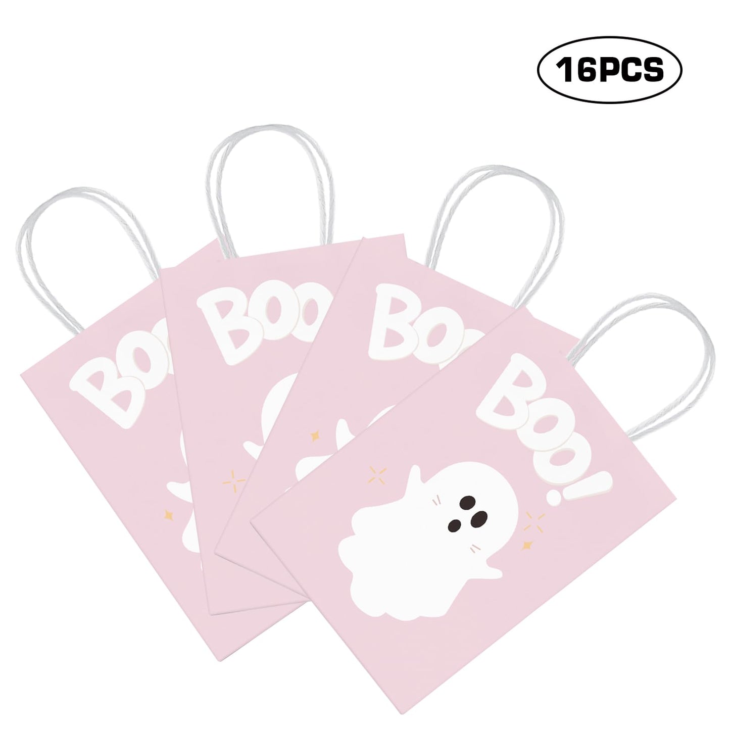 KERINGO 16 PCS Halloween Kraft Paper Gift Bags Pink Ghost Boo Design with Handles for Halloween Themed Trick or Treat Party Favors Supplies