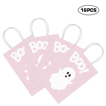 KERINGO 16 PCS Halloween Kraft Paper Gift Bags Pink Ghost Boo Design with Handles for Halloween Themed Trick or Treat Party Favors Supplies