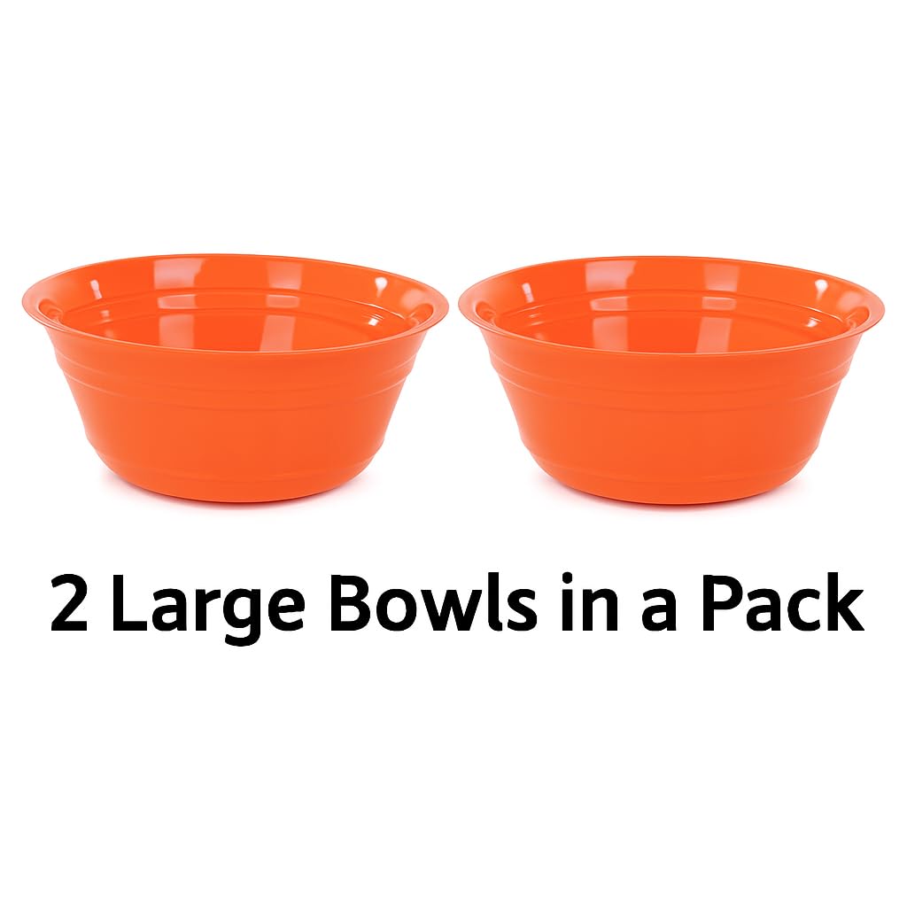 Mintra Home Plastic Bowls (4L Large 2pk, Orange) -10.75W x 4.5inH - large orange plastic bowl for popcorn, snacks, drinks, candy, Halloween, trick or treat bowls - 2 Pack