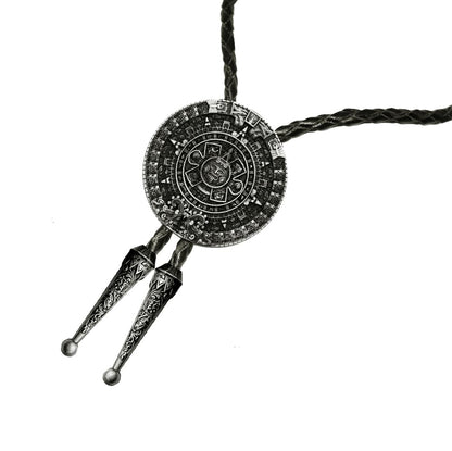 Moranse Bolo tie With Pewter Aztec Calendar Circle Design Cowboy Two Colors (Silver)