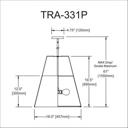 Dainolite Trapezoid Pendant Light, 3-Light, 180W, Fabric, Gold, Model TRA-331P-GLD-CRM