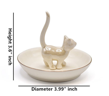 ROSA&ROSE Cat Ring Holder Trinket Tray Ceramic Jewelry Dish Decorative Ring Holder/Trinket Tray Engagement Wedding Birthday Gifts for Women Her(Pearl White)