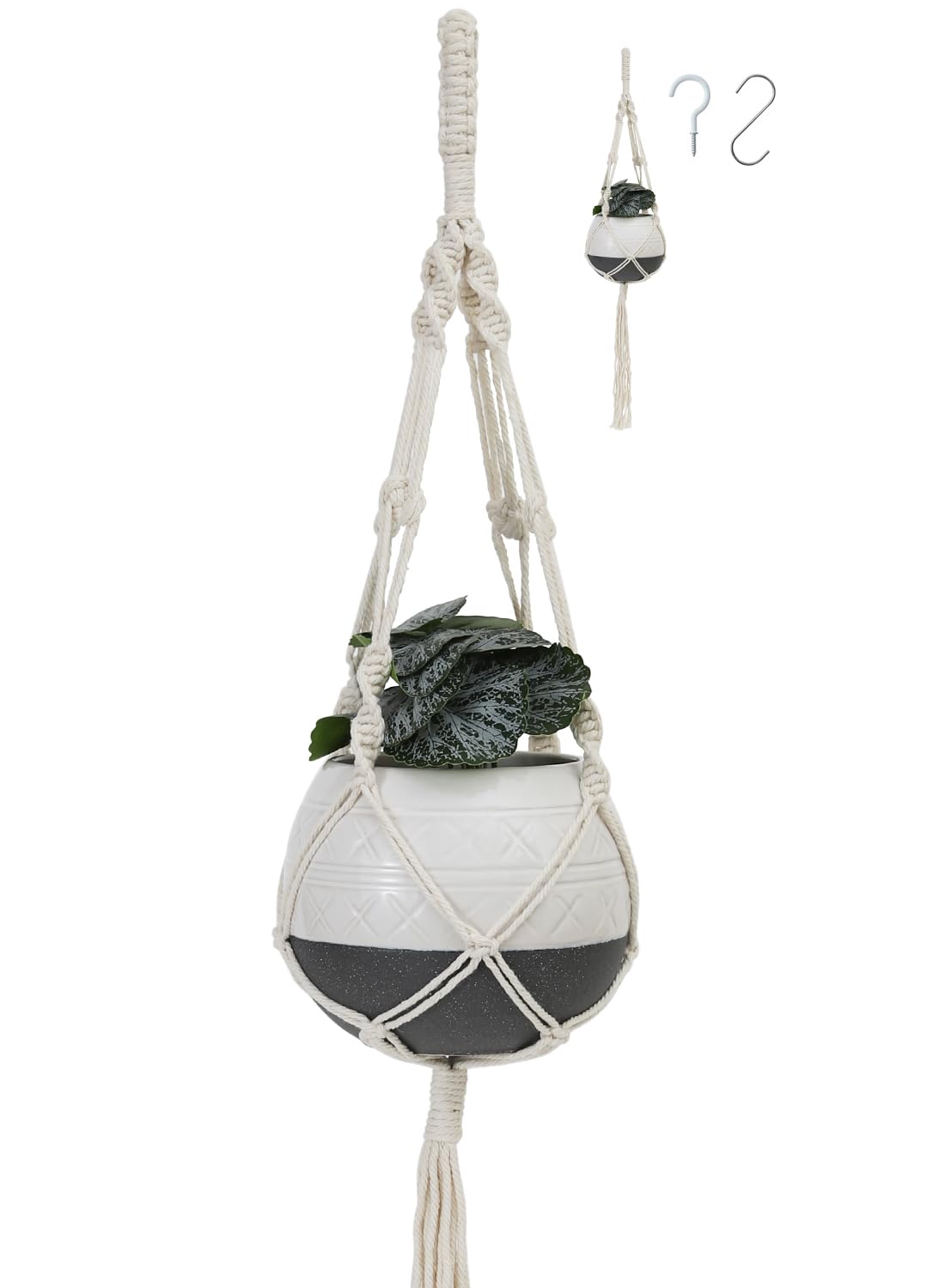 TAMAYKIM 6 Inch Ceramic Hanging Plant Pot with Macrame Plant Hanger & Hooks, Drum Shape Small Flower Planter for Indoor Outdoor, Balcony Garden Decor, White with Grey