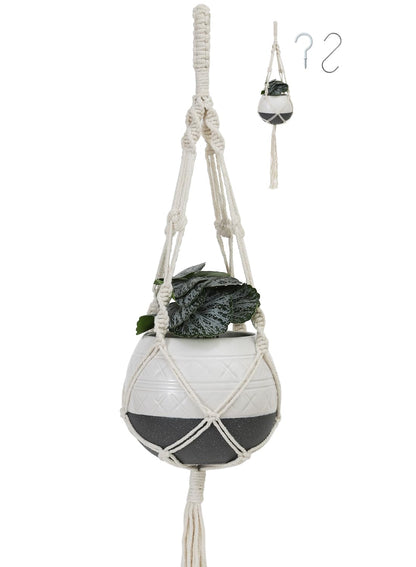 TAMAYKIM 6 Inch Ceramic Hanging Plant Pot with Macrame Plant Hanger & Hooks, Drum Shape Small Flower Planter for Indoor Outdoor, Balcony Garden Decor, White with Grey