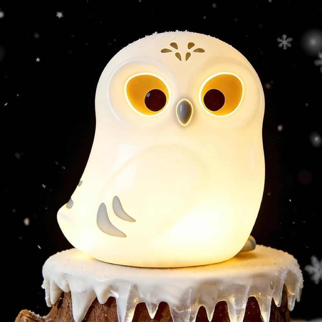 Cute White Owl Night Light for Kids, Squishy Lamp Owl Gifts, Rechargeable Dimmable LED Bird Nightlight, Nursery College Dorm Décor, Funny Foldable Box to Display House, Safe Silicone Baby Toy