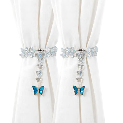 Magnetic Curtain Tiebacks, 2 Pack Crystal Butterfly Beaded Pendants Draperies Holdbacks for Window Home Office Decor (Blue)