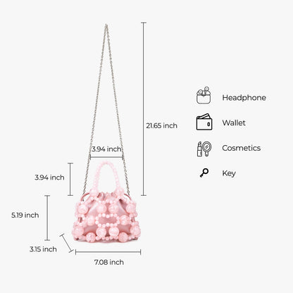 frrbuu Pink Beaded Handbag, Drawstring Closure with Beaded Handle, Detachable Silver Chain Strap, Mini Crossbody Bag