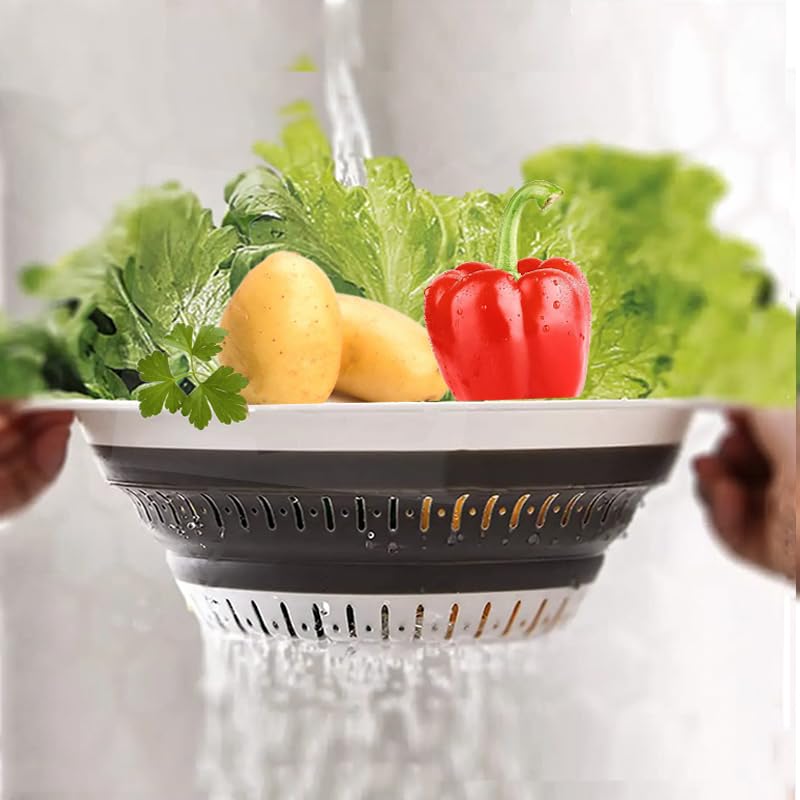 Collapsible Colander Set, Square Round Triangles Silicone Kitchen Strainer Perfect for Draining Pasta Vegetable fruit 2 PCS (10.8"L x 8.6"W x 2"H, Red & Green)