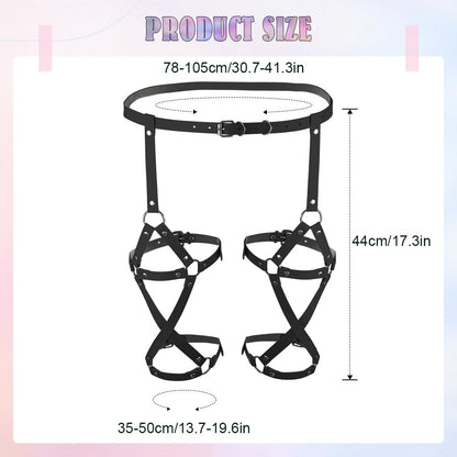 REETAN Leather Thigh Harness Black Rave Fashion Leg Garter Belt for Women