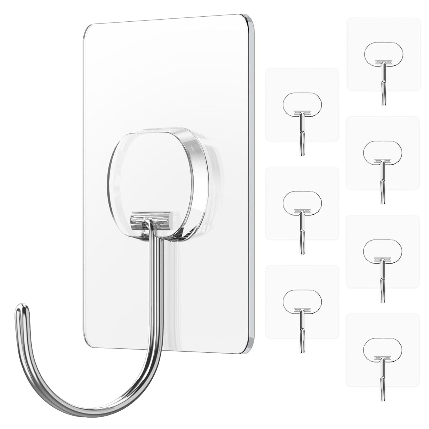 JINSHUNFA Adhesive Wall Hooks 13LB Heavy Duty No Drill Large Transparent Waterproof Hooks for Bathroom Kitchen Towel Coat 8 Pack