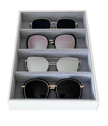 Premium Quality Sunglasses Eyewear 4 Slot Tray Organizer Display Navy Blue PU Leather Exterior Soft Velvet Liner Grey