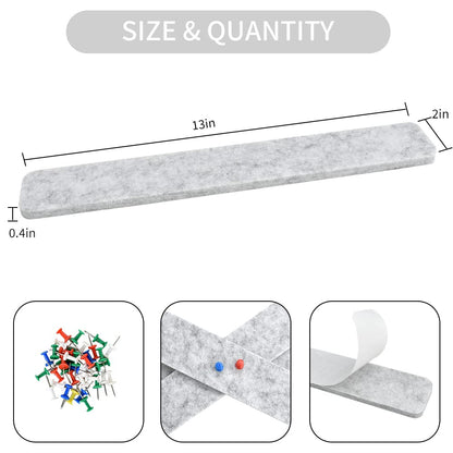 Vuzvuv 8Pcs Light Grey Cork Board Bar Strips with 50 Pushpins & Sticky Notes, Self-Adhesive Bulletin Board Strips No Damage for Wall, Felt Pin Board for Paste Notes, Photos, Schedules Office Decor