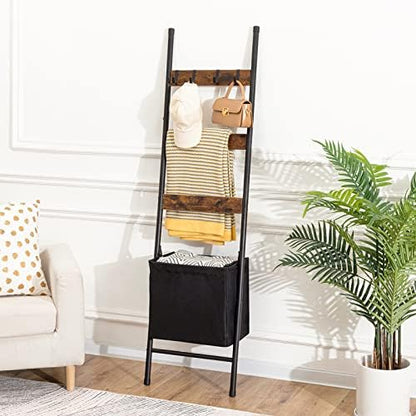 HOOBRO Blanket Ladder with Basket and 6-Tier Towel Rack with Hooks Bundle, Blanket Holder Rack, Decorative Shelf, Drying and Display Rack for Bathroom, Living Room, Rustic Brown BF31CJ01-BF66CJ01