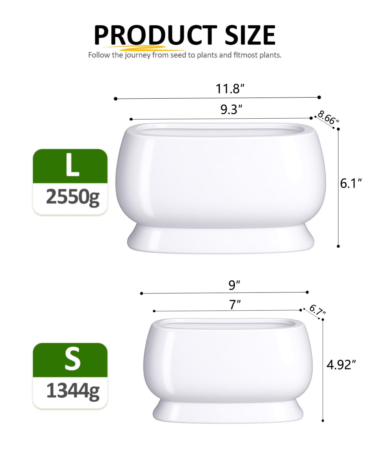 OXART Ceramic Plant pots Indoor Pots Set with Drainage Holes, 11.8+9 inch Flower Pot Rectangle Planters Pots for Plants for Plants Lilies, Cacti, Succulents, and Pothos, No Trays (White-3)