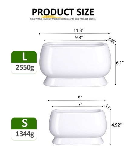 OXART Ceramic Plant pots Indoor Pots Set with Drainage Holes, 11.8+9 inch Flower Pot Rectangle Planters Pots for Plants for Plants Lilies, Cacti, Succulents, and Pothos, No Trays (White-3)